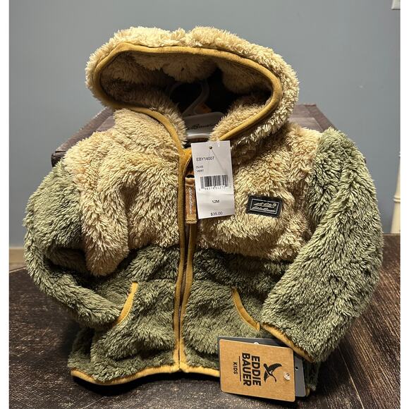 Eddie Bauer Baby Sherpa Fleece Zip Hoodie Jacket — Olive Colorblock, 12M, NWT - Picture 1 of 3